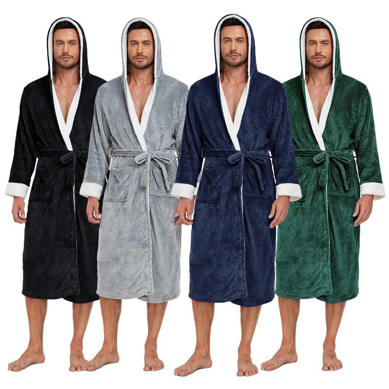 Price Winter 5 Star Hotel Plush Hooded Fleece Long Bathrobes Pyjamas Men Sleepwear Stripe Bath Robe