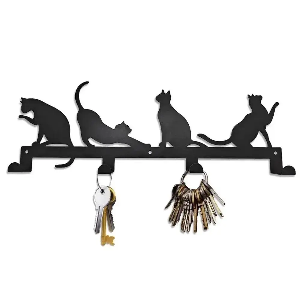 Rustic Metal Wall-Mounted Cat Decor Hanging Coat Rack, Space-Saving Multi-Hook Organizer with Cup Rack & Towel Holder, Heavy-Duty Entryway Hanger for Jackets, Keys, Hats, Wall Mount, Durable