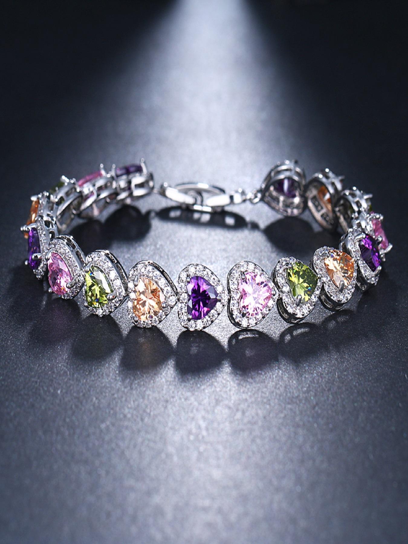 Women's Elegant Colorful Heart Shaped Zircon Decor Bracelet, Exquisite Trendy Bracelet, Fashionable Jewelry for Women & Girls As Gift, Heart Design Bracelet, Heart Charm Bracelet