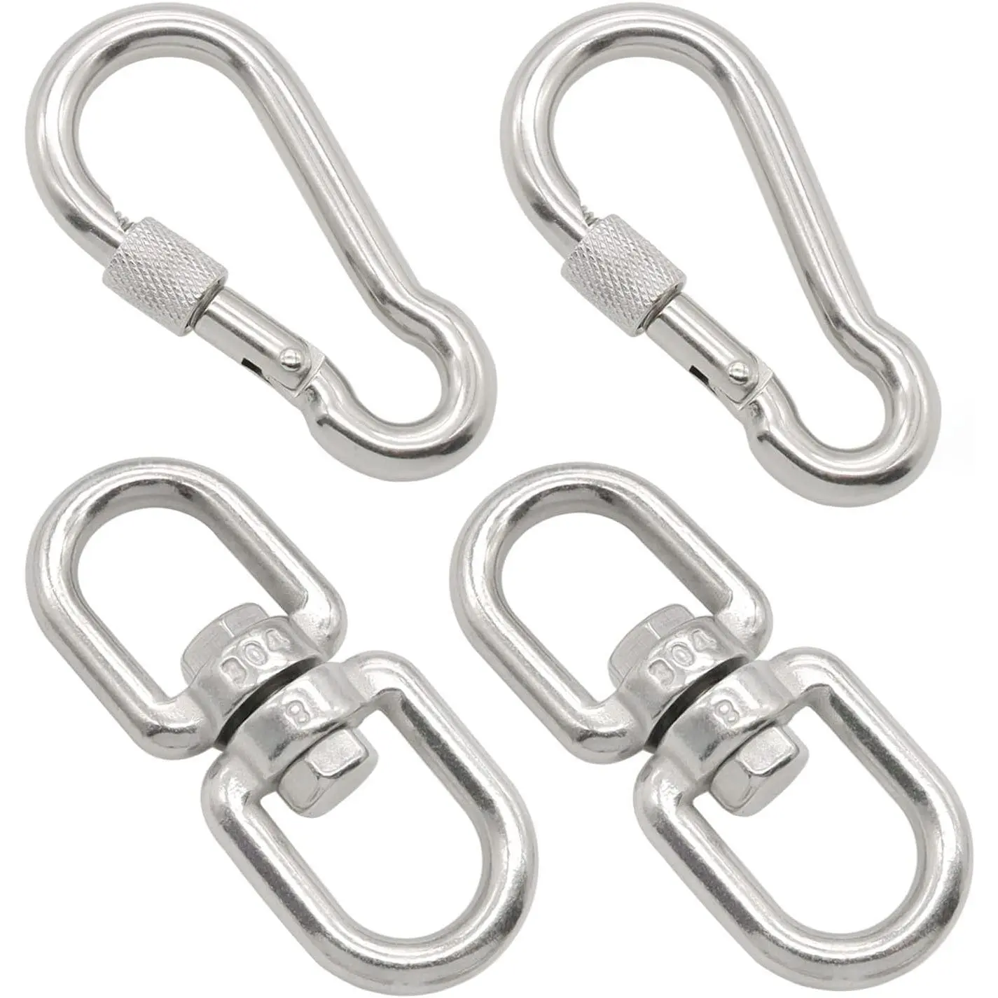 2Pcs M8 304-Stainless Steel Swivel Ring Double Ended Swivel Eye Hook, 2Pcs M8 Spring Hook, for Marine Mooring, Tree Swing, Hammock, Hanging Rotating Device