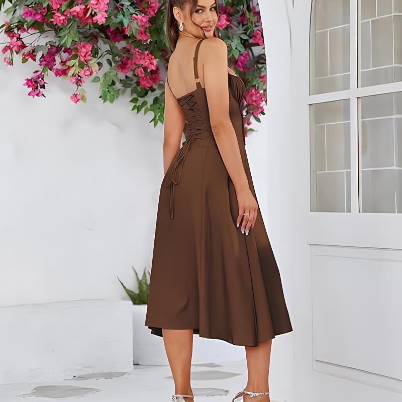 2026 Spring Summer Women's Fishbone Suspender Dress Lace Up Drawstring Bustier Split Hem Bodycon Slim Fit Stretchy Party Dating Vacation Sundress