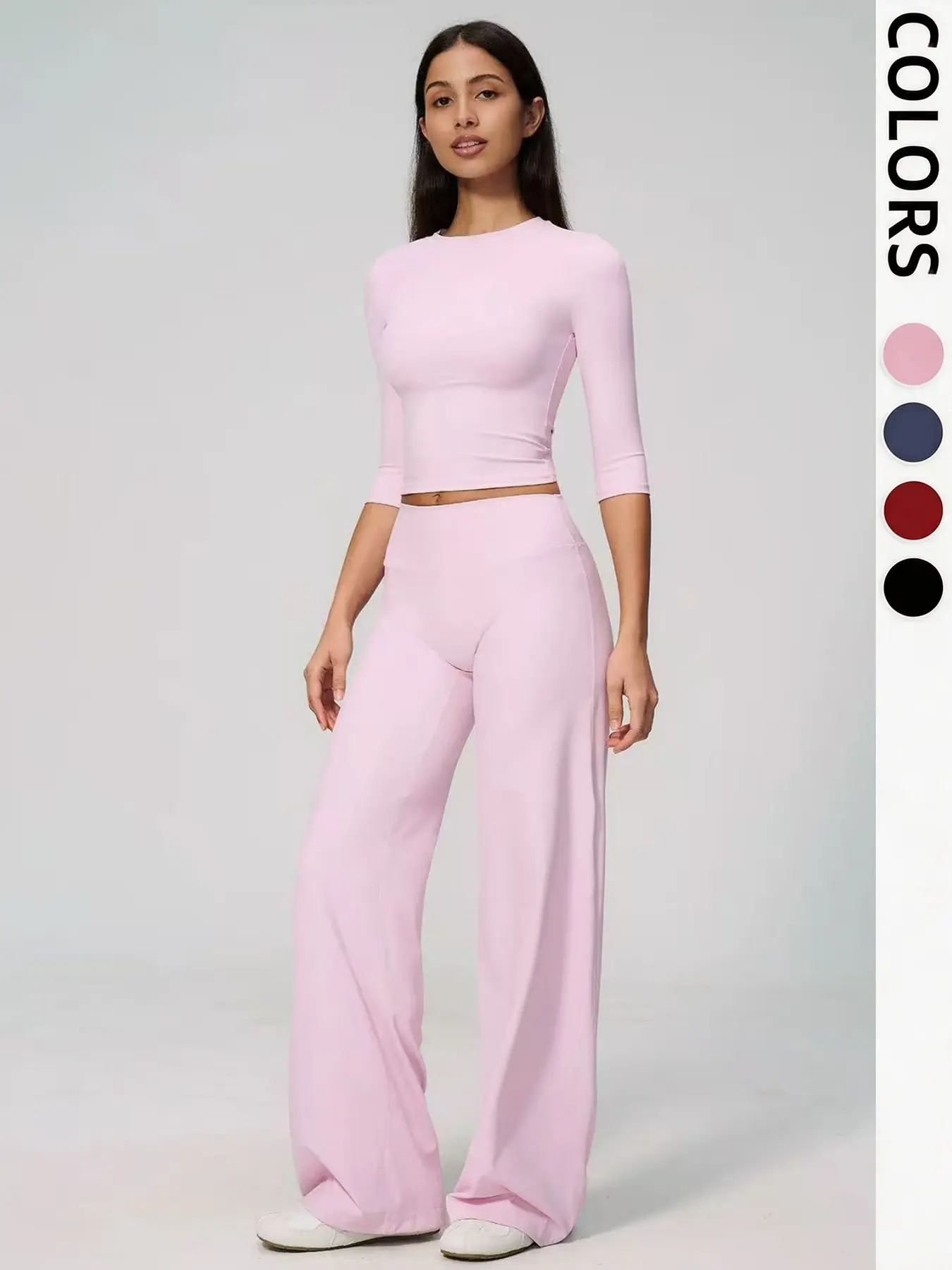 Women's Two-Piece Plain Tracksuit Set, Round Neck Mid-Sleeve Top, Wide Leg Pants, Ideal for Outdoor Yoga, Casual Fashion Wear