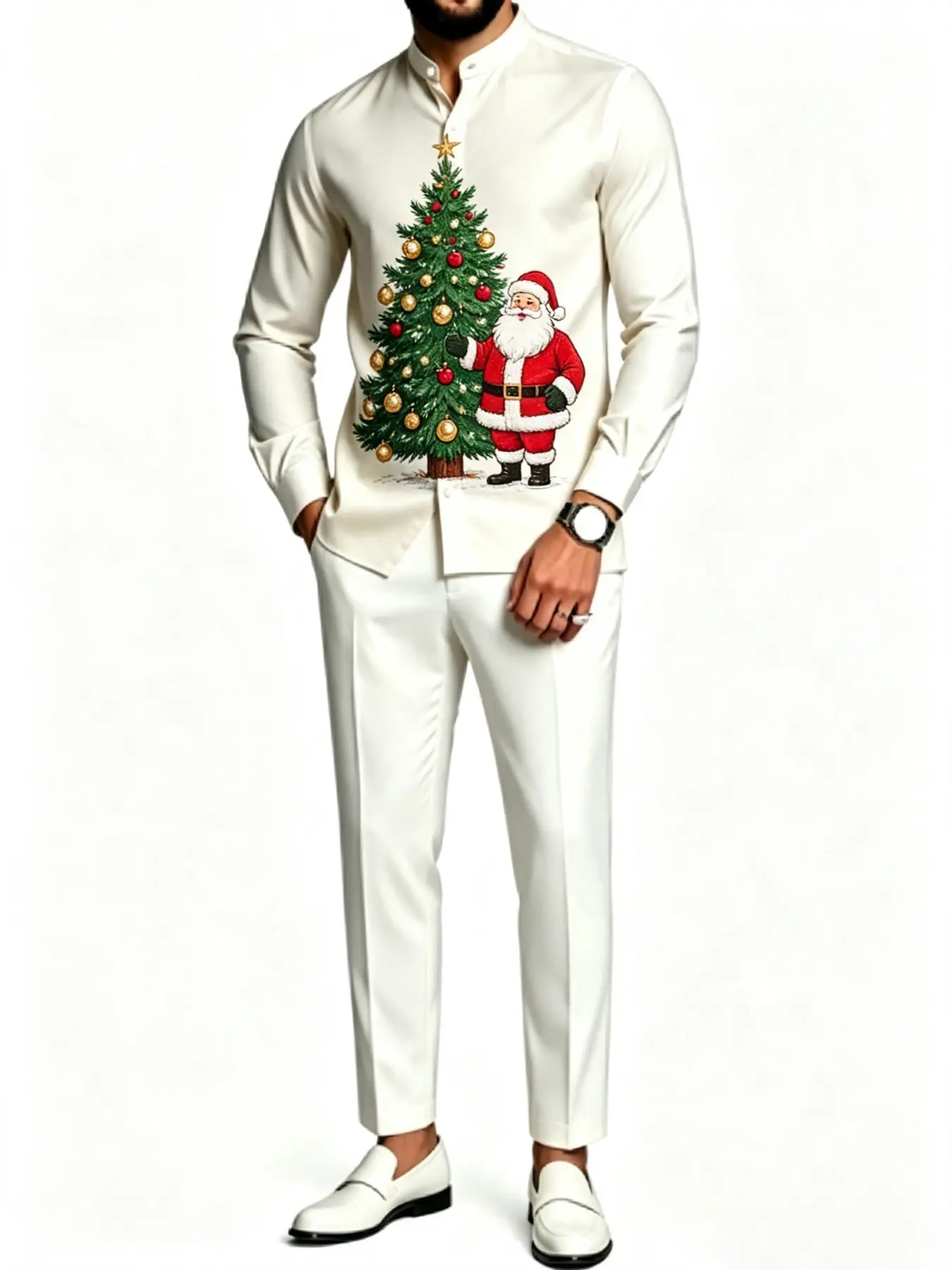 Men's Cream White Christmas Santa & Christmas Tree Print 2 Piece Outfit, Long Sleeve Mandarin Collar Button Up Shirt And Matching Ankle Pants Set, Festive Holiday Christmas Party Suit For Men