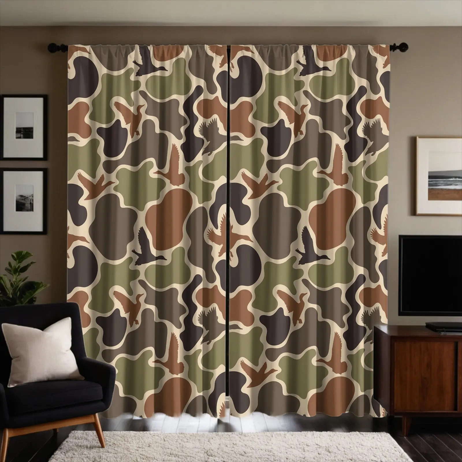 2Pc Duck Hunter Camo Hunting Curtains, Half Light Blocking, Modern Simple Rod Pocket Curtains, Easy to Hang, Easy Install Curtain, Polyester Curtain, Window Curtain, Home Decoration Curtain
