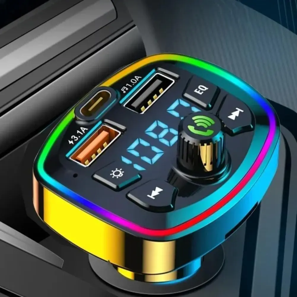 Bluetooth 5.0 FM Transmitter Car Multifunctional MP3 Player Wireless Radio PD Fast Charging 3.1A Dual USB Ports RGB LED Light EQ Bass Boost Handsfree Calling Voltage Display Cigarette Lighter for iPhone Android Car Accessories Road Trip Essentials Black