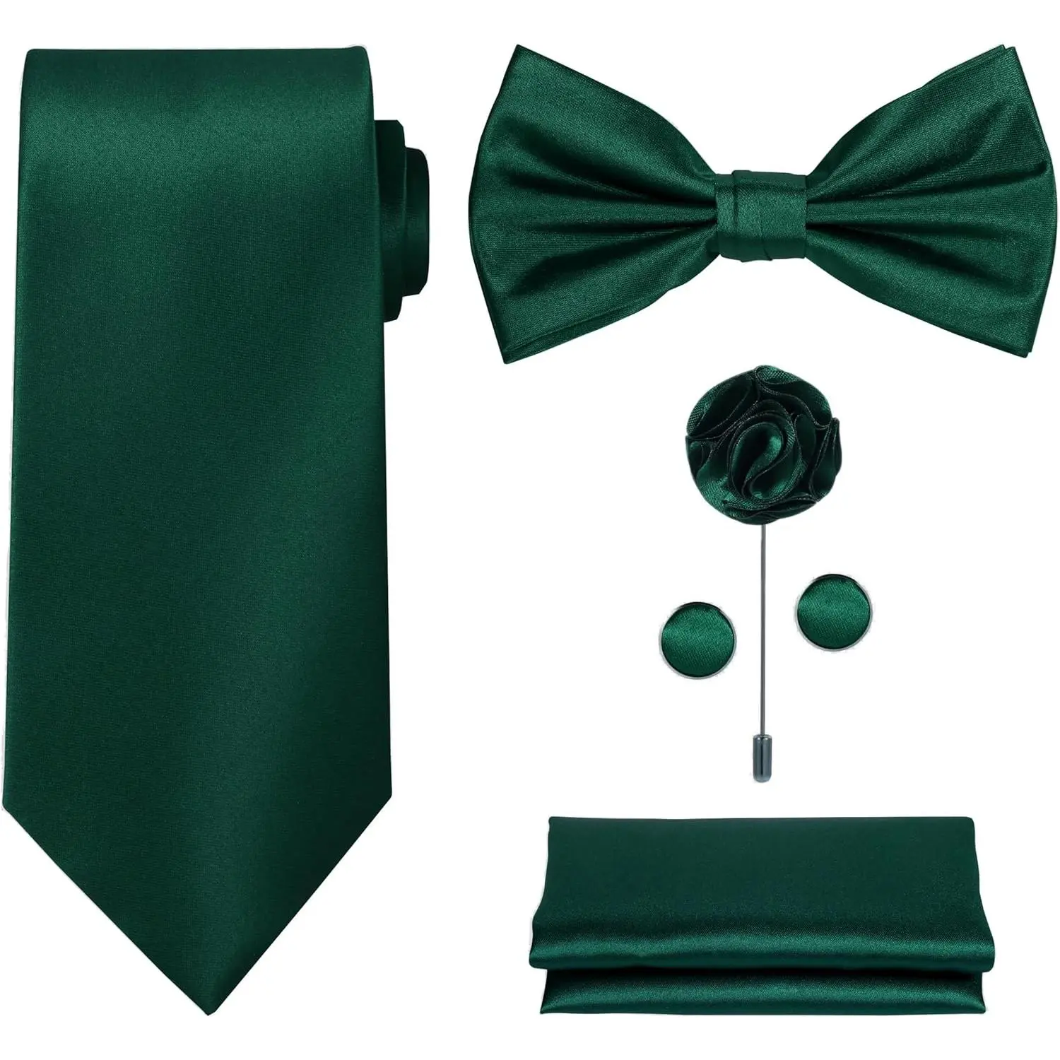 5pcs Tie Set in WHITE OR BLACK GIFT BOX: Solid Color Necktie, Satin Bow Tie, Pocket Square, Lapel, Cuff Links