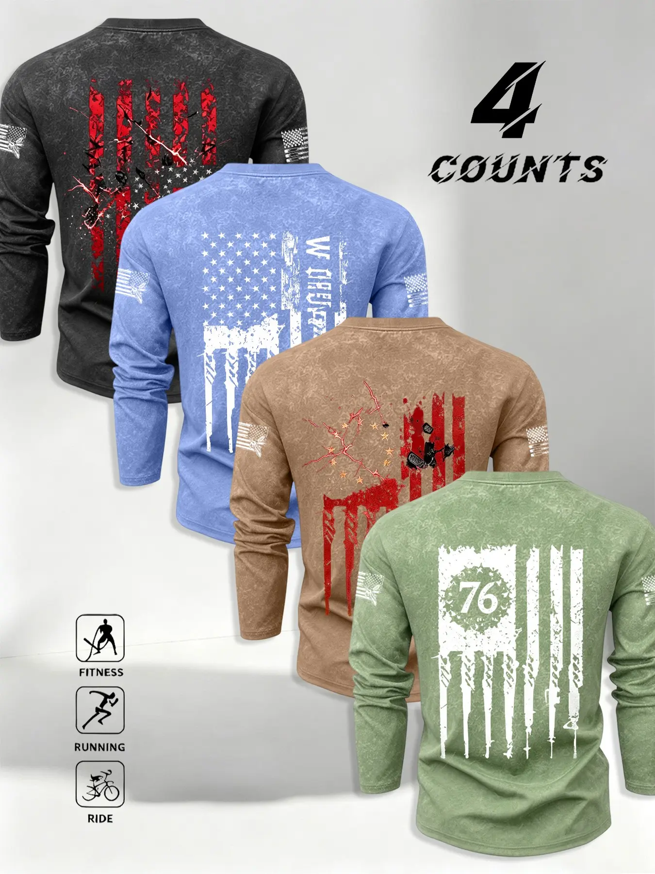 4 Pack Men's Long Sleeve T-Shirts, American Vintage Military Style, Distressed Flag Print, Washed Fabric, Fashionable for Sports and Daily Wear