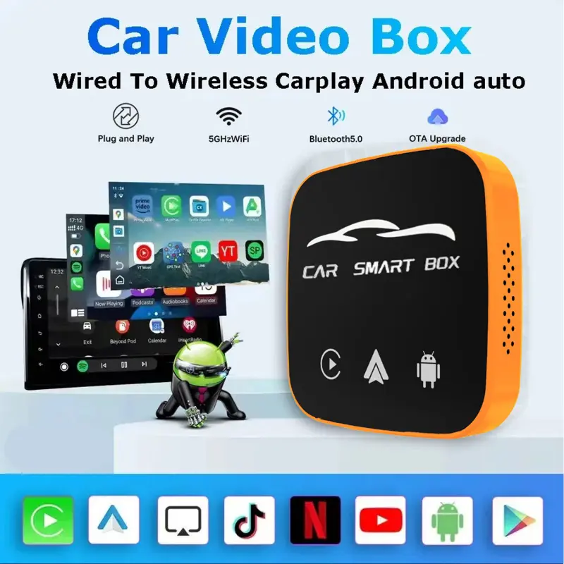 2026 New Wireless Carplay Adapter, Compatible with iPhone and Android Auto, Supports Netflix, TF Card Slot, Plug-And-Play, Easy Setup