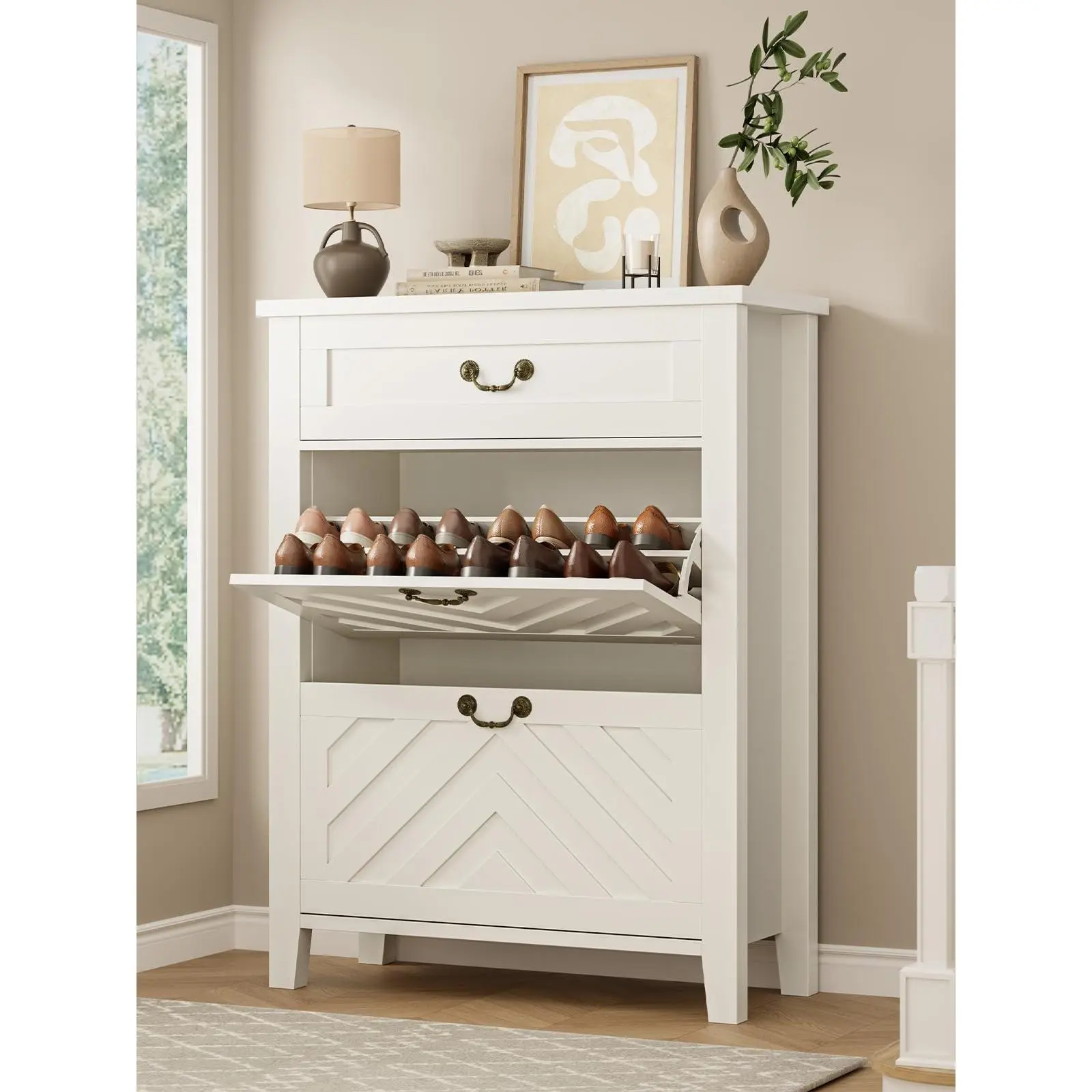 Farmhouse Geometric Decorative 31.5-in Freestanding Shoe Cabinet - 2 Flip Drawers, Adjustable Shelves, Entryway Closet Hallway Storage Rack