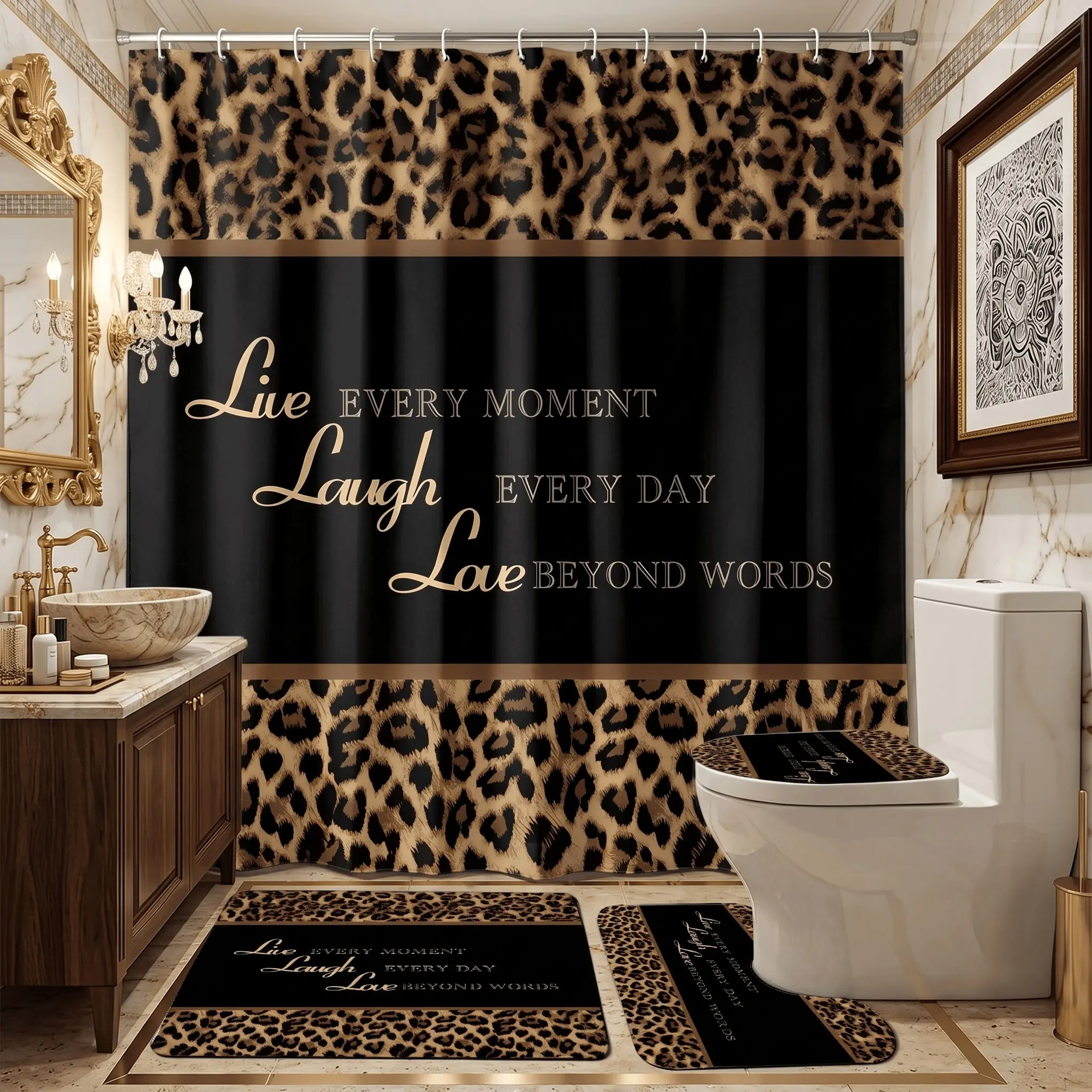4pcs Luxury Leopard Print Shower Curtain Set with Rugs, Gold Inspirational Words, Animal Print Bath Mats, Holiday Gift Idea, Elegant Bathroom Decor, Bathroom Curtain Set