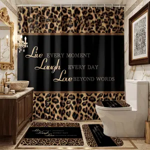 4pcs Luxury Leopard Print Shower Curtain Set with Rugs, Gold Inspirational Words, Animal Print Bath Mats, Holiday Gift Idea