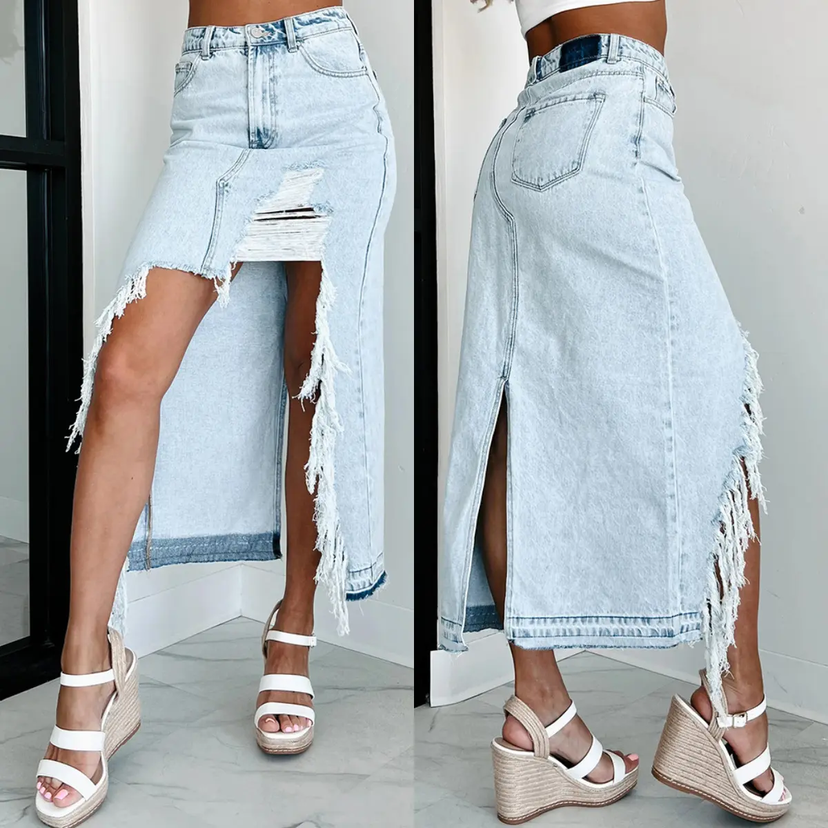 Fitted Ripped Denim Skirt with Raw Hem, High Waist Asymmetrical Hip-Hugging Midi for Streetwear, Plus Size, Bottom, Women, Multi-Size, Lady, Clothes