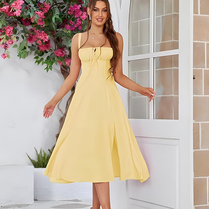 2026 Spring Summer Women's Fishbone Suspender Dress Lace Up Drawstring Bustier Split Hem Bodycon Slim Fit Stretchy Party Dating Vacation Sundress