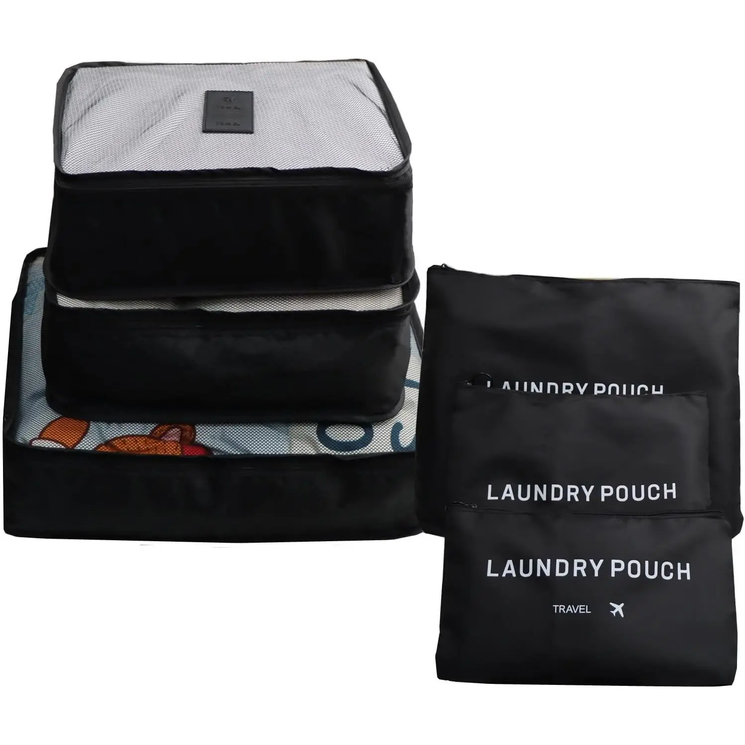 6 Pack Travel Organizer with Laundry Pouch, Electronics & Compression Storage Bags, Clothing & Underwear Pouch, Luggage Organizer for Backpack & Carry  Suitcase - Black