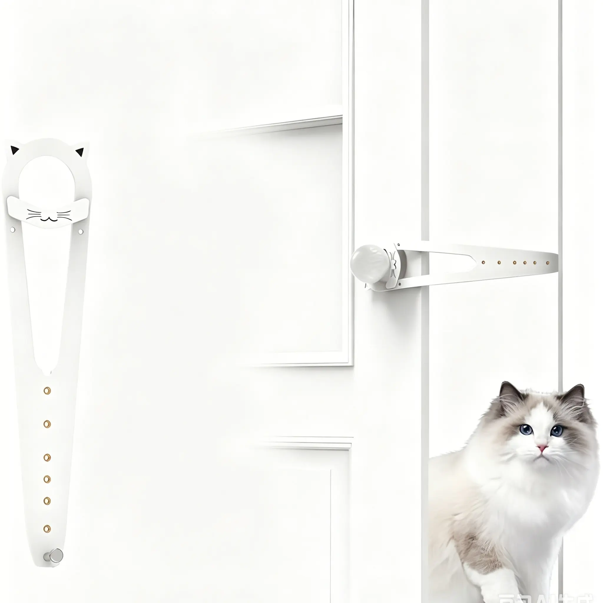 Adjustable Cat Door Latch with Stabilizer, 7 Sizes, Keeps Dogs Away From Litter Box, No Drilling, Portable Indoor Door Lock