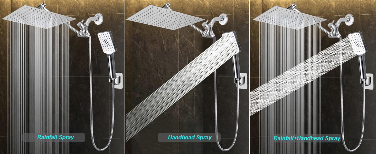 rain shower head with handheld spray,10''High Pressure Rainfall Shower Head / 3 Setting Handheld Shower head Combo with 11'' Extension Arm and 78" Extra Long Hose/Square Rain shower head(Chrome)