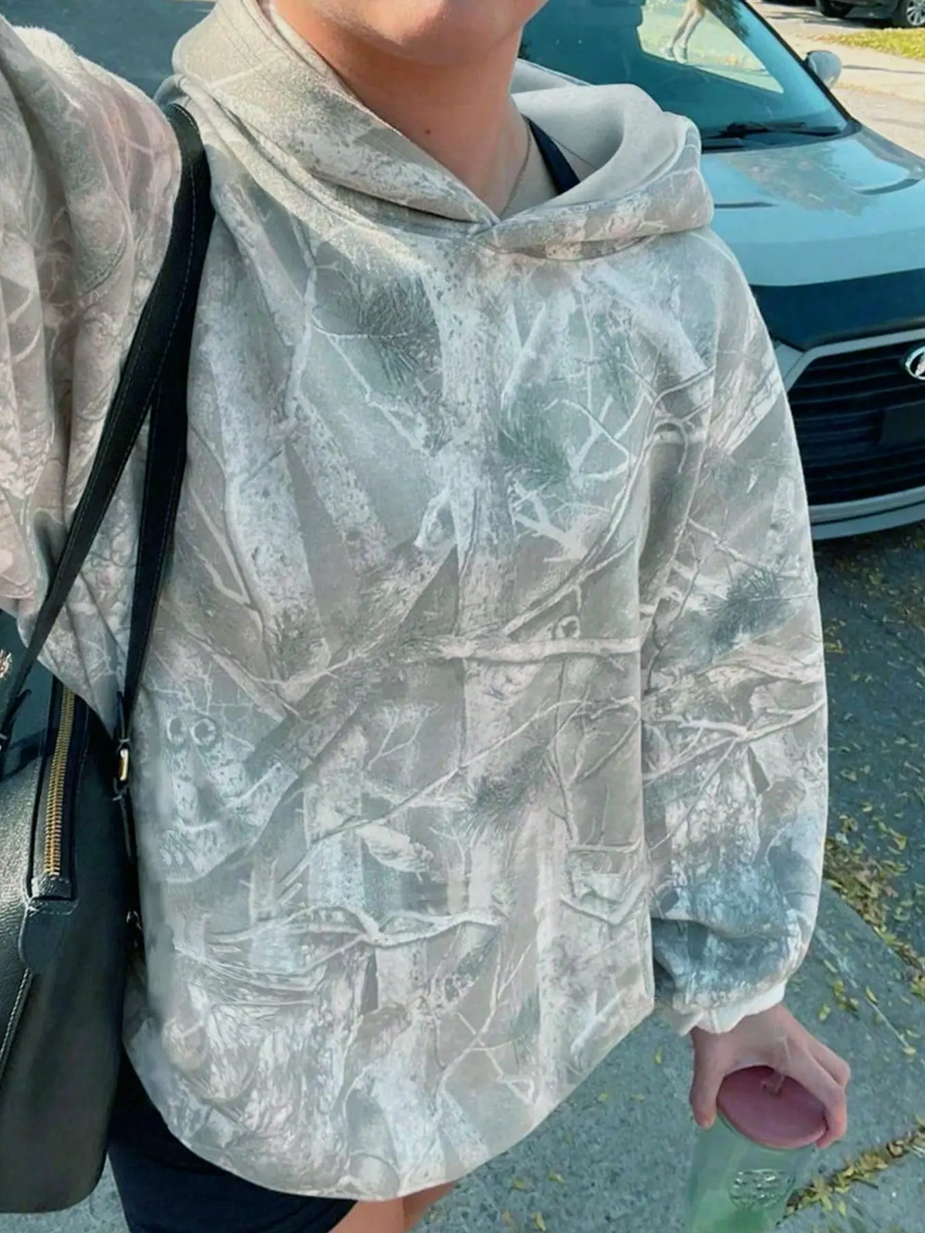 Vintage Light Grey Tree Camo Hoodie Women Casual Long Sleeve Forest Branch Print Loose Fit Oversized Pullover Hooded Sweatshirt