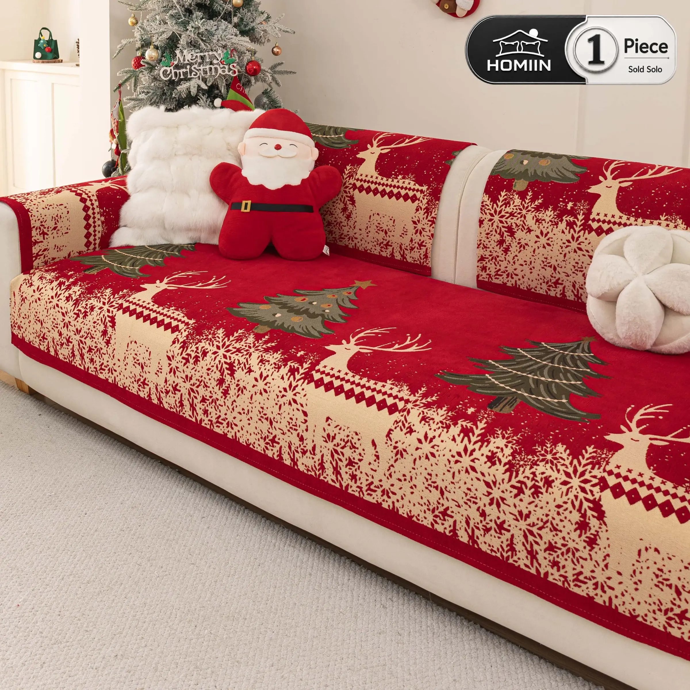 HOMIN-Christmas Couch Covers for Sofa, Holiday Soft Sofa Cover Throw, Pet Friendly Non Slip Furniture Protector for Dogs & Cats, Holiday Couch Pad with Tree & Reindeer Print for Loveseat,2 3 4 Seater Sofas, Bed, Rug, Table Cover & Pet Bed