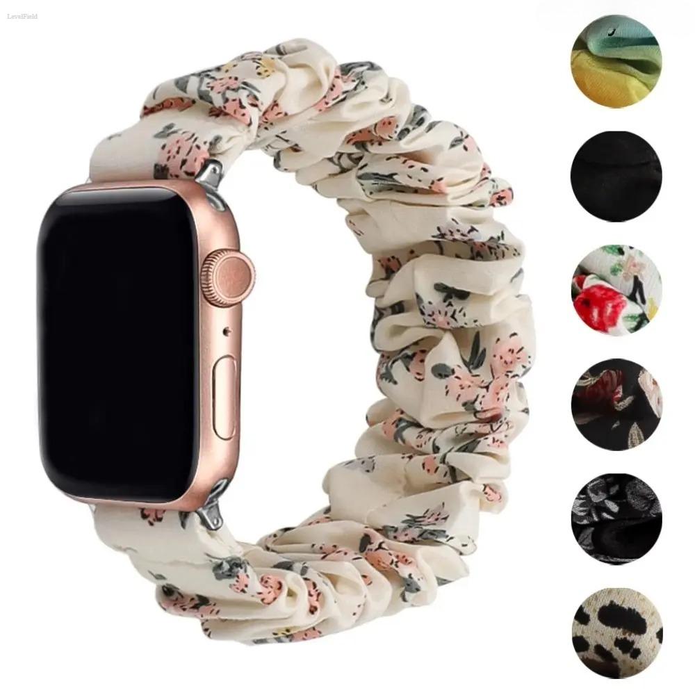 Apple Watch Scrunchie Band for Women – Stretchy Elastic Replacement Strap, Cute Floral Printed Aesthetic Wristband, Soft Comfortable Fit for 38–49mm (Ultra/SE/Series), Perfect for Daily Wear & Outfits