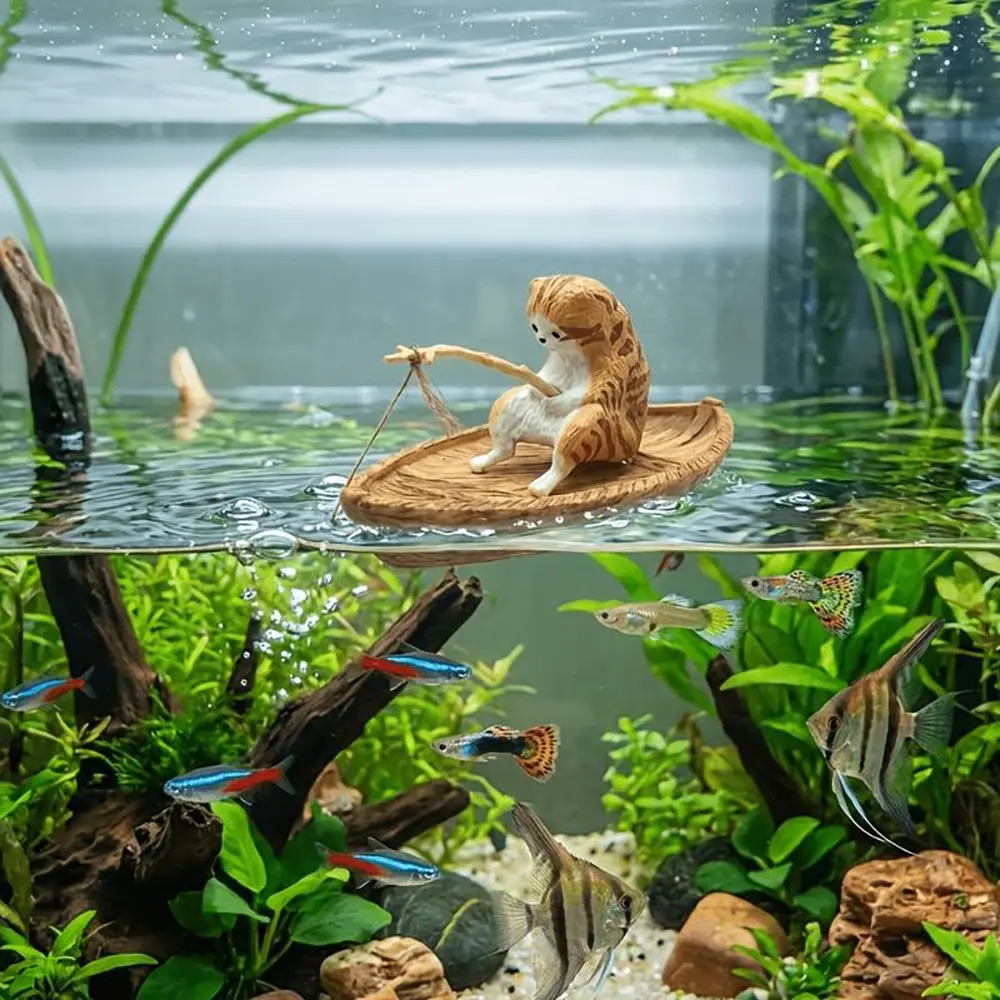Two creative, adorable, Cute cat boat fishing aquarium decorations, fish tank decor, resin aquarium landscaping accessories, ocean-themed miniature landscape materials, realistic details, perfect birthday gifts, Christmas gifts
