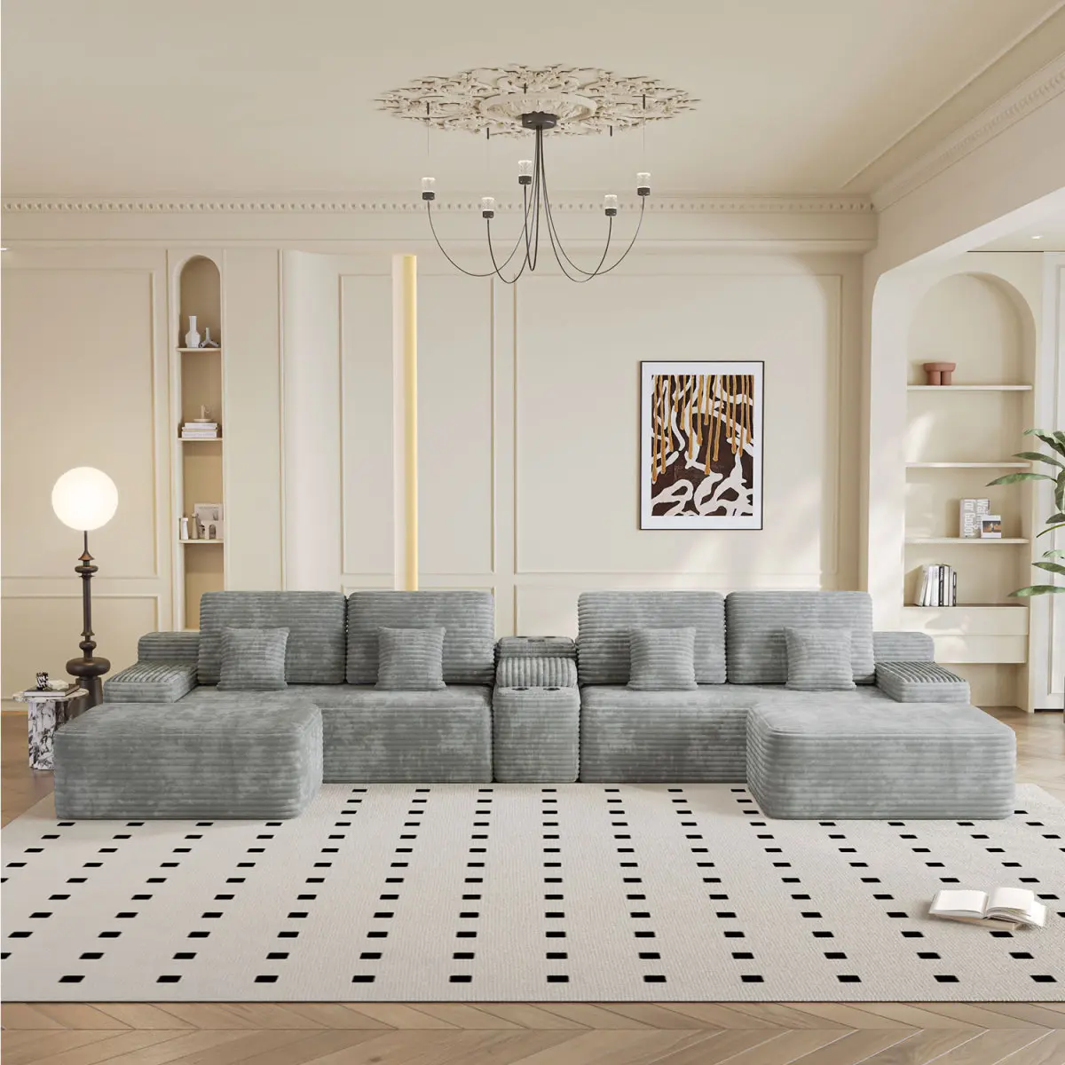 Aobtkel 150'' Width 5-Piece Sectional Sofa with 2 Ottomans, Light Grey Plush Corduroy Comfy Couch, L-Shape & U-Shape Layout for Living Room, Ideal for Entertaining, Bluetooth Speaker, Includes Ottomans