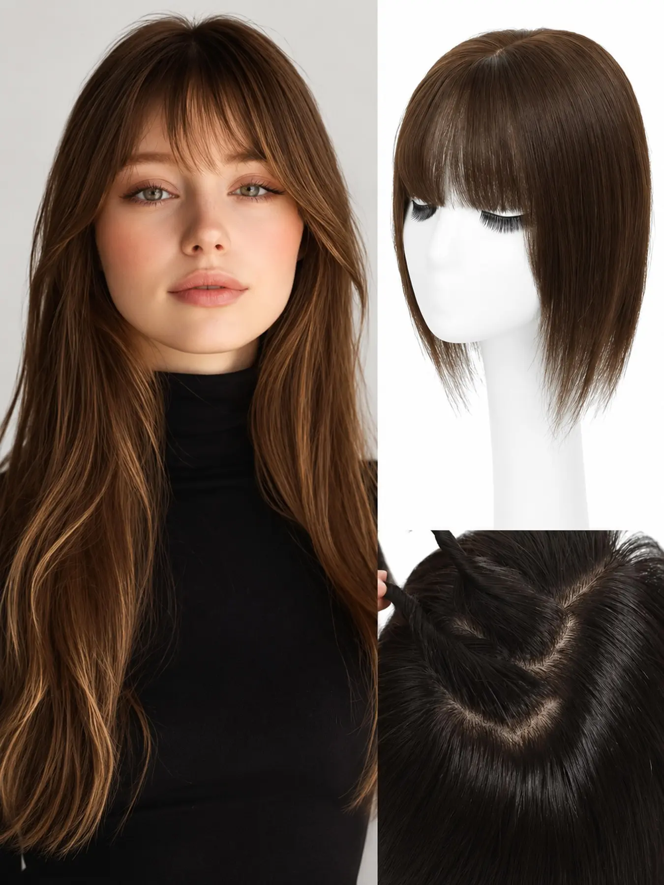 Clips in Human Topper with Natural Scalp, Hide Bald or Hair, Real Human Hair Toppers for Women, 8cmx12cm Base Net, 10inch