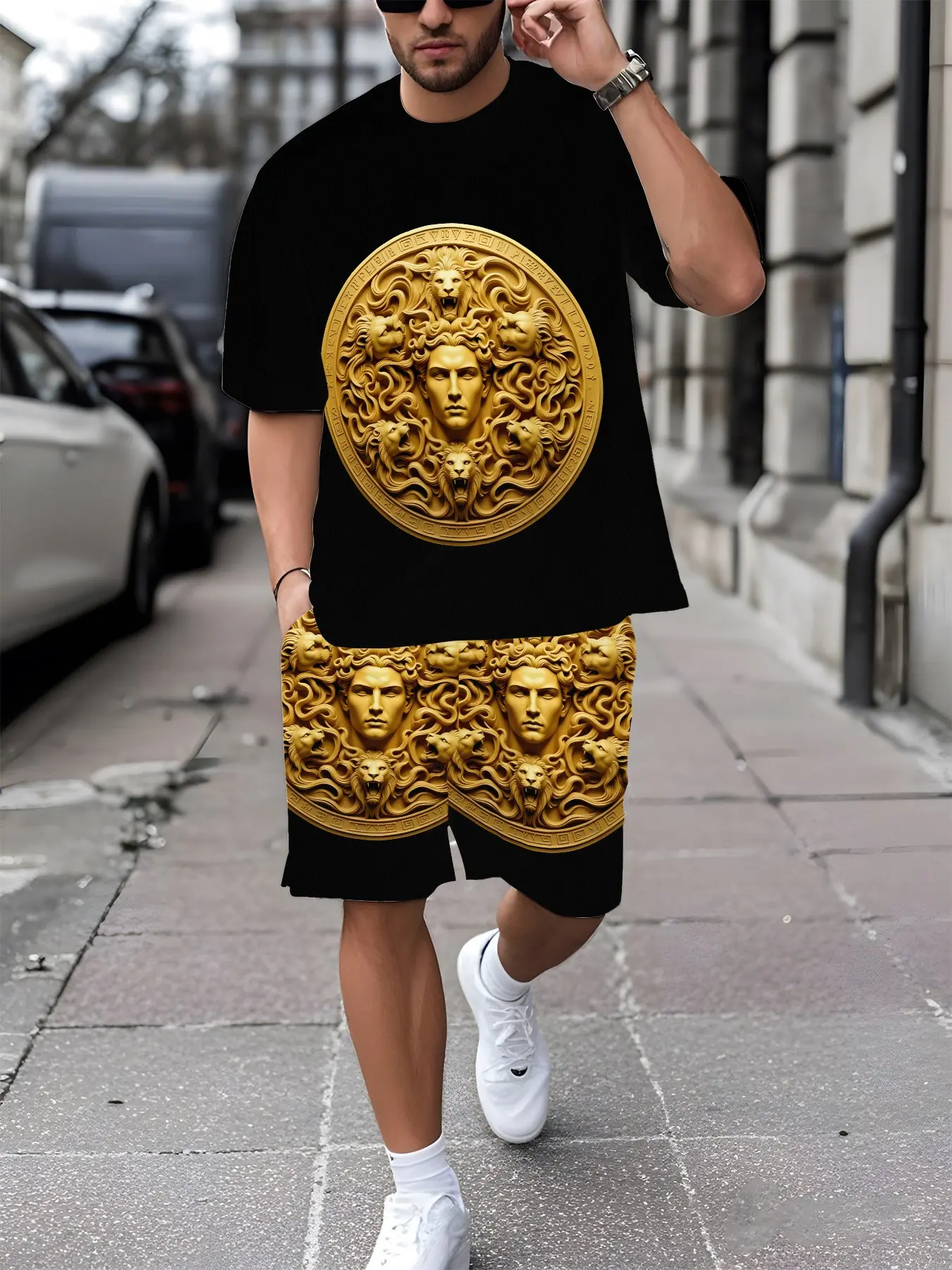 Men's Gold Medusa Print Casual Set, Luxurious Short Sleeve Tee and Shorts, Streetwear Design, Perfect for Daily Outing and Parties