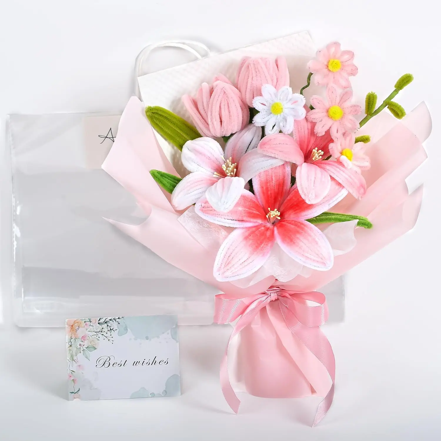Handmade Pipe Cleaner and Crochet Flower Bouquet with Tulips, Lilies and Daisies, Artificial Floral Gift for Women, Valentine's Day, Mother's Day, Birthday and Home Decor