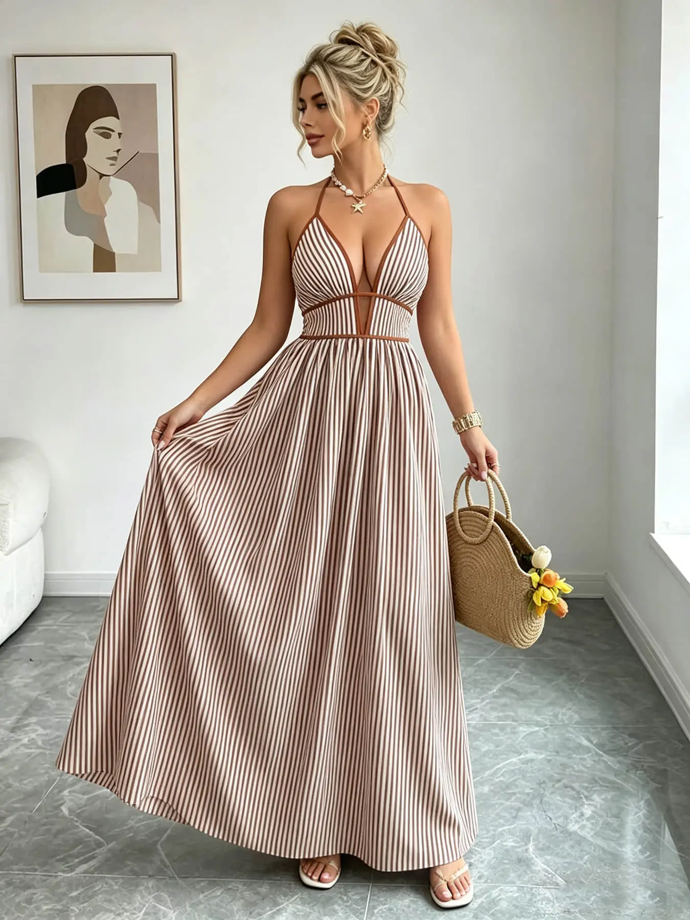 A women's French retro fashion bohemian Boho vacation style suspender Spaghetti Strap Sleeveless high waisted long dress with a sexy deep V-piece design, suitable for summer, summer street photography, dating and dining, and island travel.