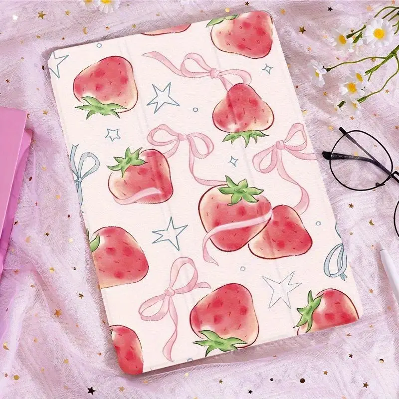 Cute Girly Fruit Strawberry Bow Star All Over Pattern Stylish Tablet Case —Compatible with IPad Pro 11Inch 2024,ipad 10th 2023-10.9inch,iPad Pro 13‑inch 2024,ipad 11th-2025,ipad Air-11inch 2024. Happy 2026!