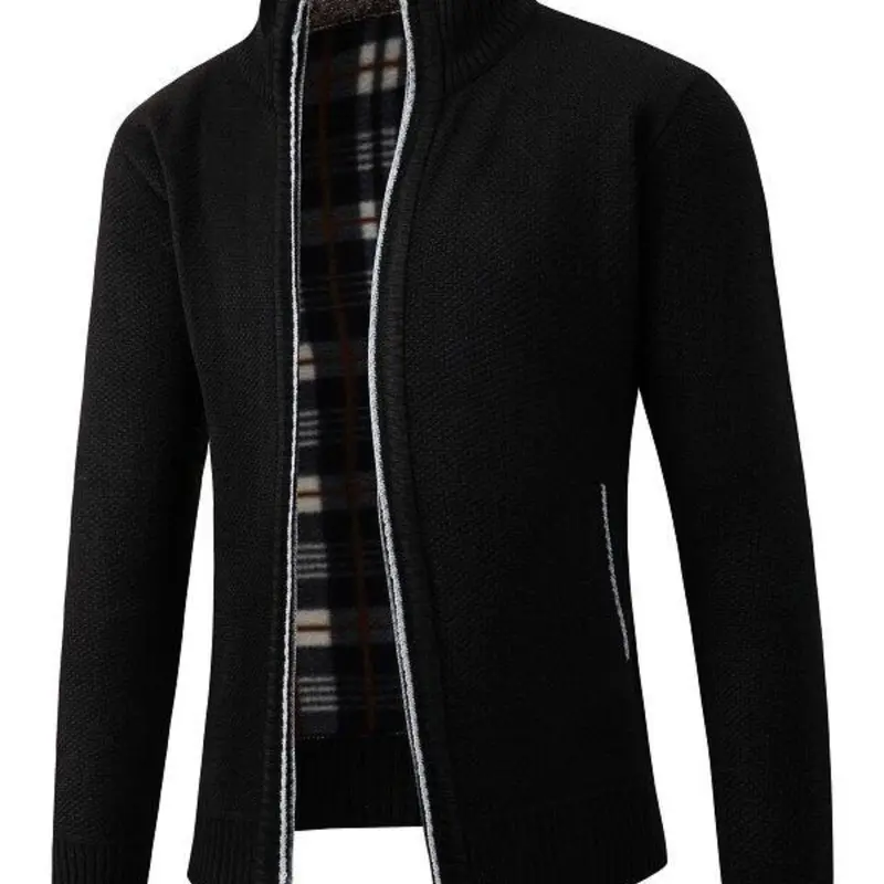 Men's Winter Coat, Stand Collar Zipper Pocket Fleece Knit Cardigan, Classic Slim Fit Long Sleeve Casual Warm Outerwear, Fall & Winter Cold Weather Clothing