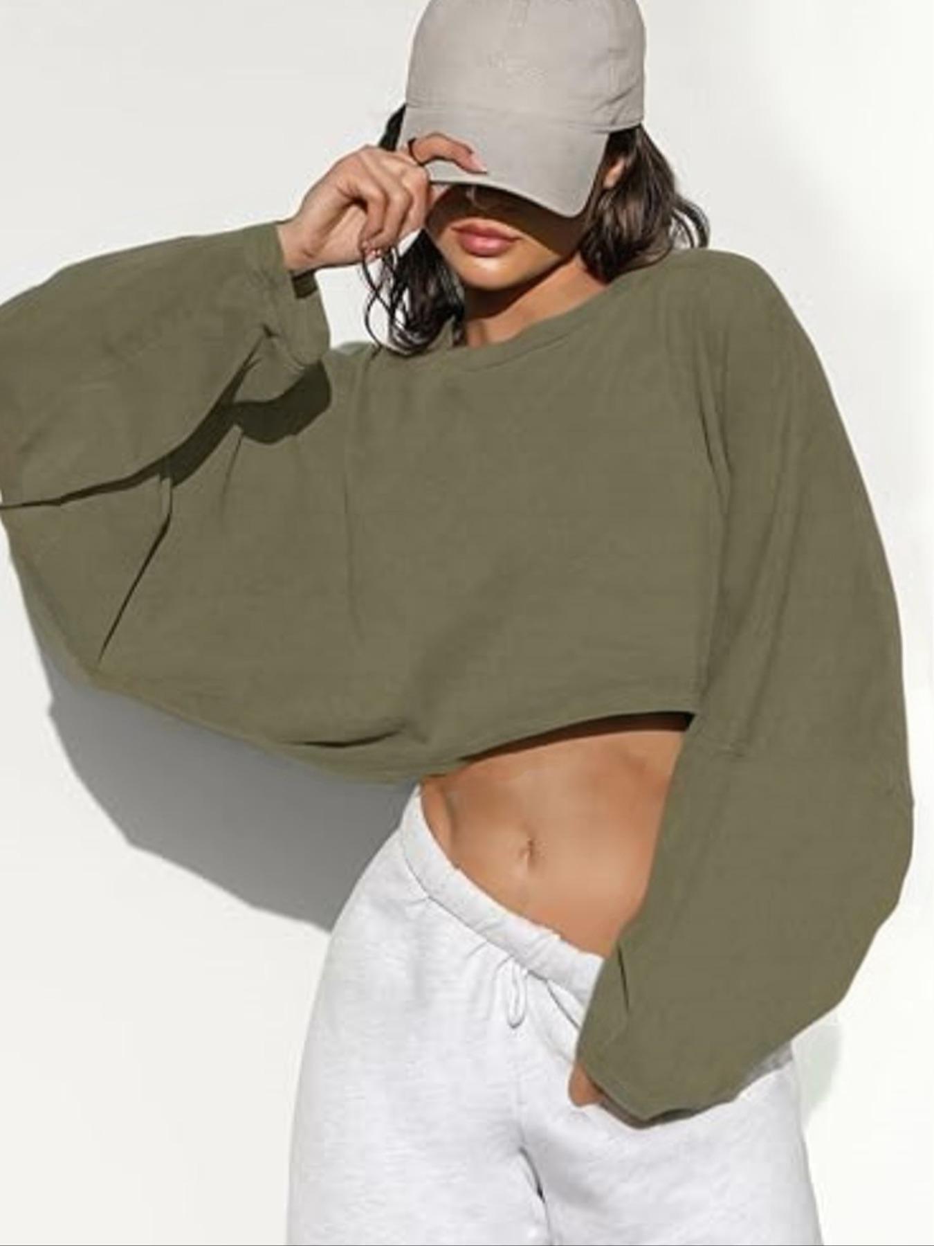 Women's Long Sleeve Round Neck Crop Top T-Shirt, Casual Solid Color Loose Pullover Sweatshirt, Perfect for Sports & Daily Wear, Casual Sporty Top