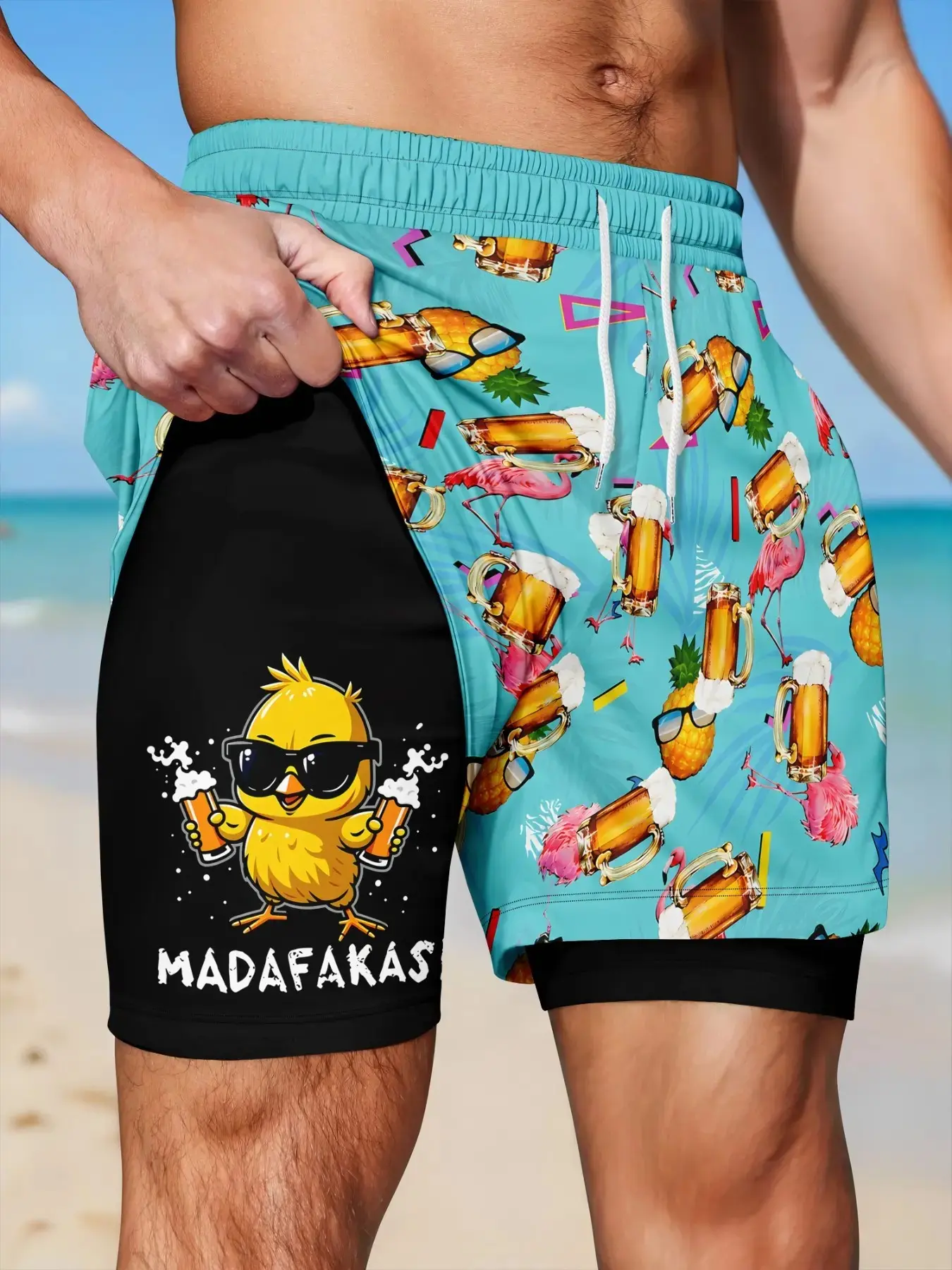 Men's Dual-Layer Anti-Abrasion Swim Trunks, Lake Beer Pineapple Firebird Print, Quick-Dry Drawstring Waist, Summer Beach Shorts