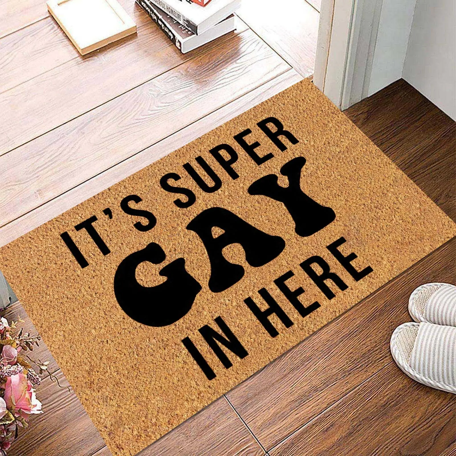 Funny Quote LGBTQ Pride Entrance Door Mat - "It's Super Gay In Here" Rainbow Decorative Rugs, Diatomaceous Earth Non-Slip Absorbent Rug, Durable Fade-Resistant, Multi-Size (16x24in/40x60cm, 20x32in, 24x35in), Indoor/Outdoor Porch Decor