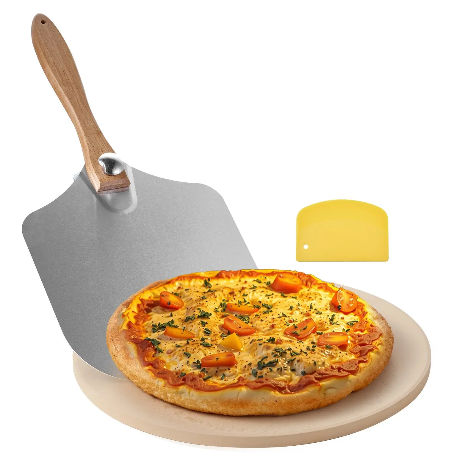 VEVOR Pizza Stone, 15 in Round Pizza Stone, 0.67 in Large Cordierite Baking-Stone with Metal Peel, Scrape, 1450 Heat-Resistant Cooking Stones, for Kitchen Oven, Baking Pizzas, BBQ Grilling