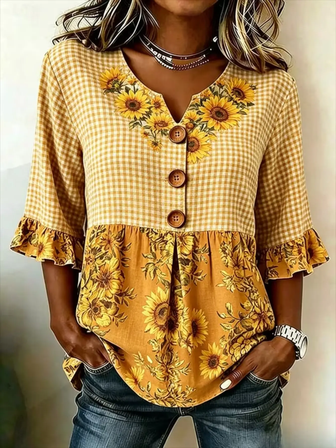 Women Sublimation Printed Peplum Tunic Blouse Top, Notch V‑Neck 3/4 Ruffle Flounce Sleeve Button Decor Shirt, Yellow White Gingham Plaid Spliced Sunflower Floral Patchwork Print for Daily Casual Outfit, Farm‑style Weekend Party, Autumn Holiday and Country
