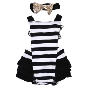 2Pcs Newborn Baby Girl Lace Striped Romper Summer Casual Sleeveless Backless Strap Jumpsuit + Sequin Bow Headband 0-18M