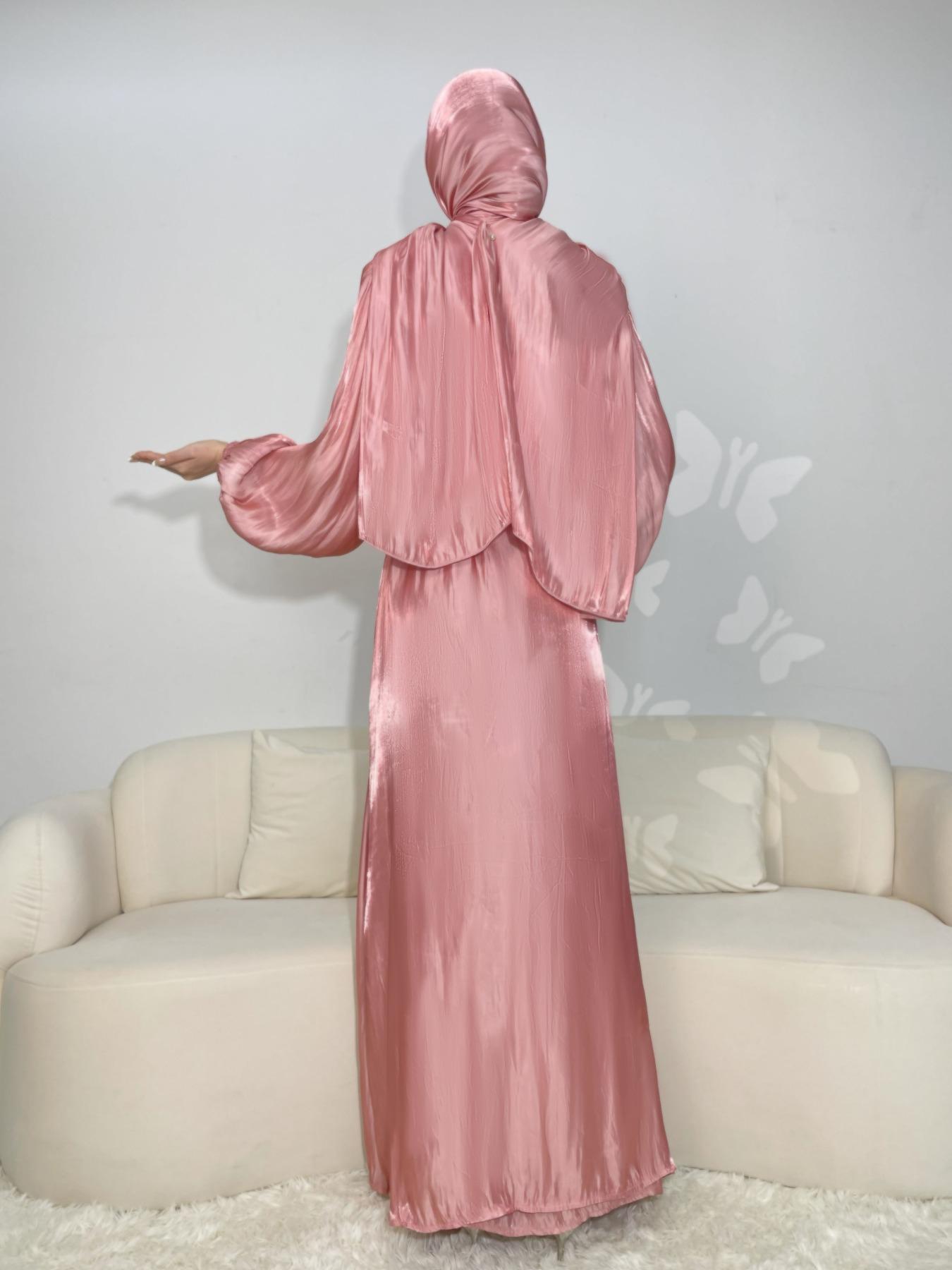 Women's Solid Abaya & Belted Tank Dress Set, Elegant Bishop Sleeve Long Sleeve Outerwear & Long Dress, Ladies Islamic Clothing for All Seasons, Modesty Abaya