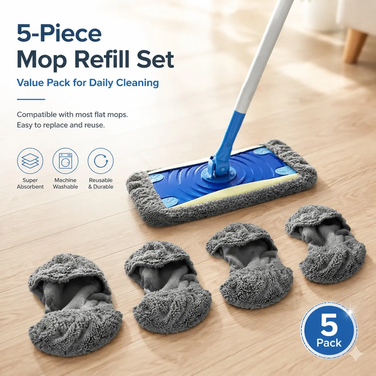 5-Pack Microfiber Mop Cloth Replacement Pads, Highly Absorbent, Reusable, Fits Most Flat Mops, Ideal for Wood and Tile Floors