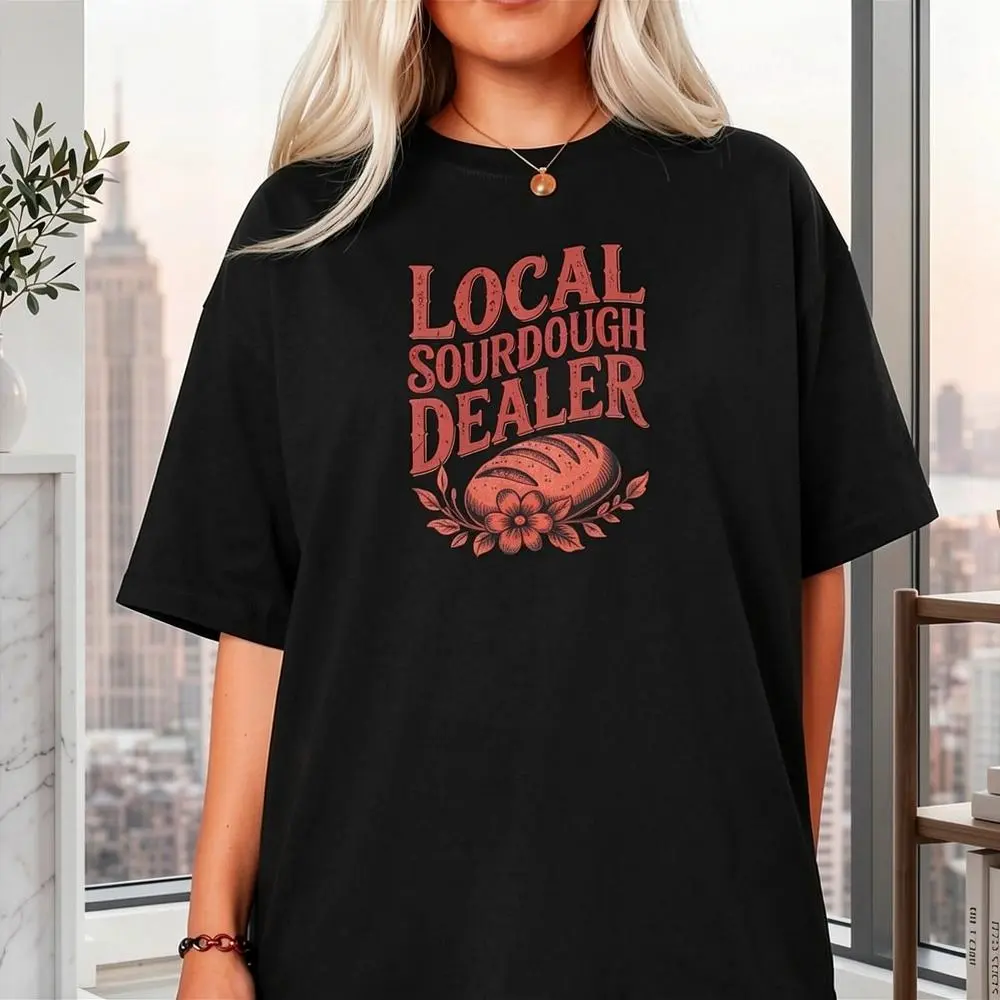 Women's 100% Cotton Casual Round Neck Bread Baker Support T-Shirt - Funny Local Sourdough Dealer Statement Piece with Floral Accents, Breathable Fabric, Loose Fit, Short Sleeve, Crew Neck, Pure Cotton, Graphic Print, Day