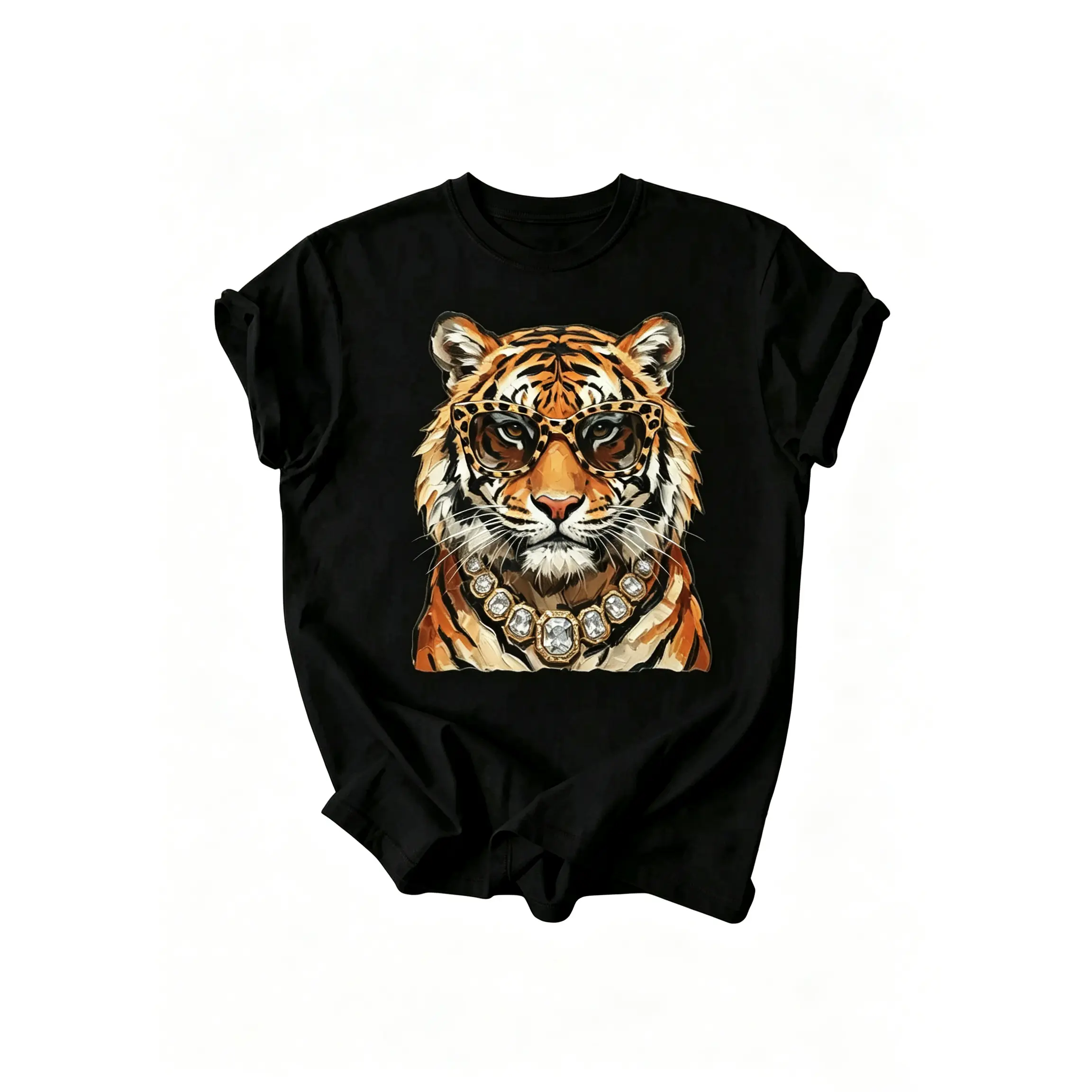 Women's Fitted Glam Tiger Cotton Twill Tshirt - Casual Fall Sports Top, Shortsleeve, Tiger Graphic, Sporty Chic