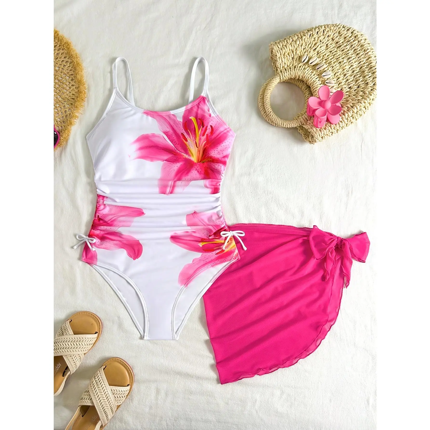 26SS ' 13-16Y Two-Piece One-Piece Swimsuit And Skirt Set, Pink Floral Placement Print, Pink Mesh Skirt, Classic All-Match Design with Waist Ruching, Fashionable Casual Wear/Beach,, Vacation, And Party Outfits Swimming