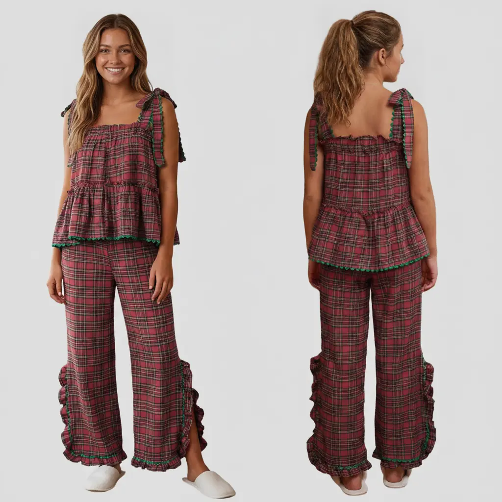 Women Christmas Plaid Striped Pajama Set, Square Neck Ruffle Sleeveless Peplum Top Wide Leg Ruffle Pants 2 Piece Holiday Loungewear Outfit