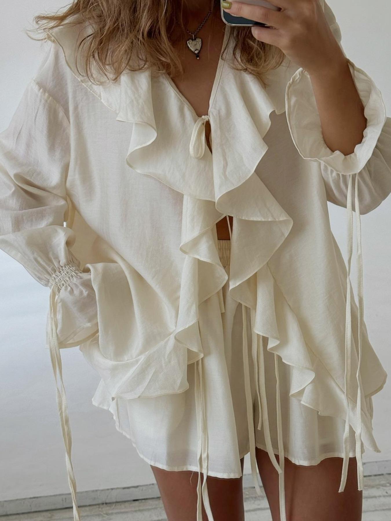 Women's Solid Ruffle Trim Blouse & Shorts Two-Piece Set, Casual Bishop Sleeve Long Sleeve Top & Shorts for Daily Wear, Ladies Two-piece Outfits for Summer