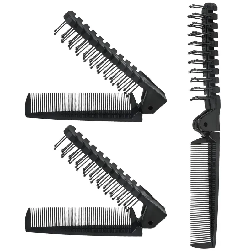 Travel Size 3-Piece Plastic Hair Brushes & Combs Set - 17g Foldable Brush, Anti-Static Comb, Double-Headed Hairdressing Tool for Men & Women (4.3x0.75x1.1in, Black)