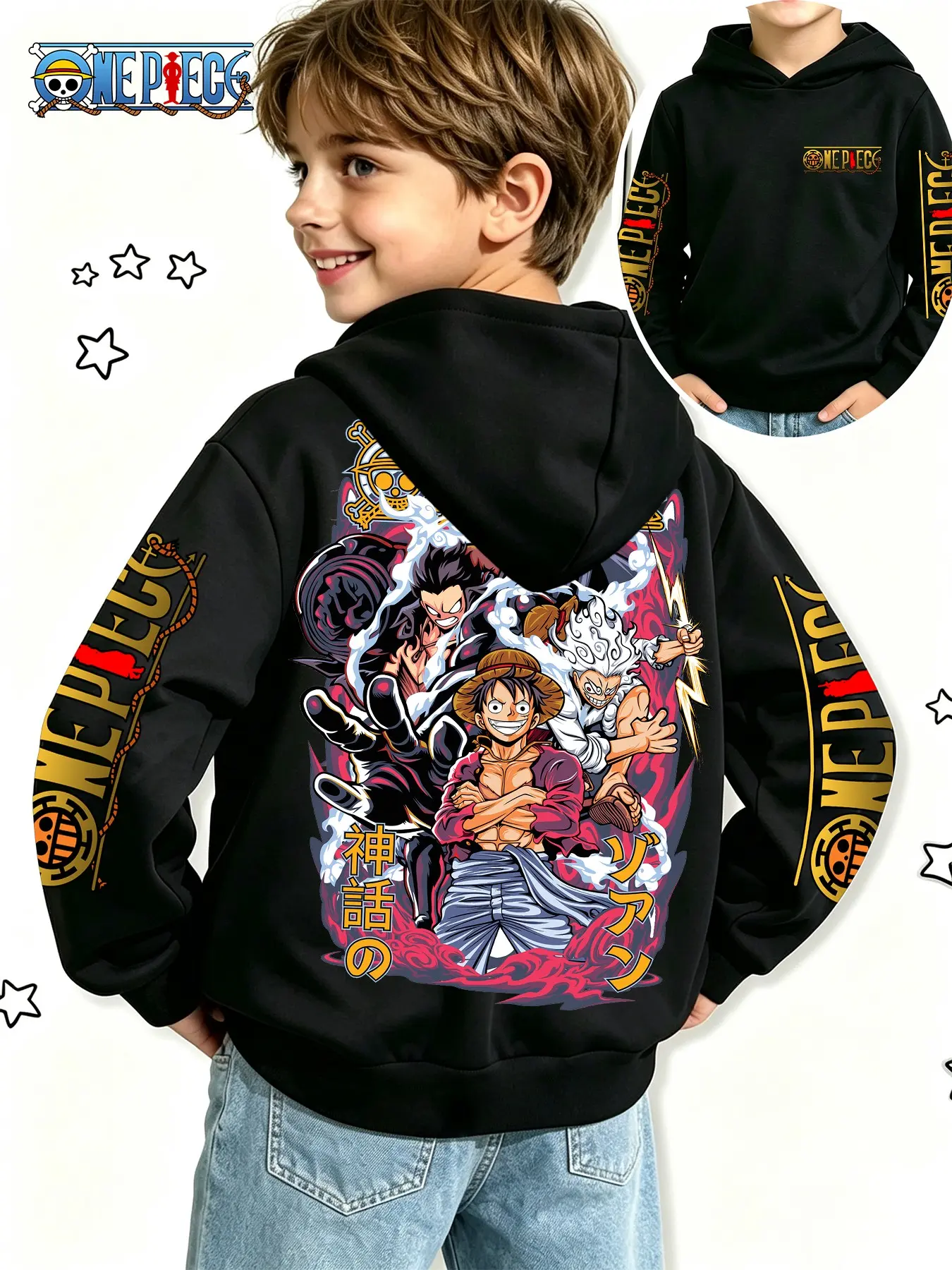 One Piece Official Boys' Anime Sweatshirt, Luffy Multi-Form Print, Spring & Fall Casual Hoodie, Perfect for Gifts & Daily Wear