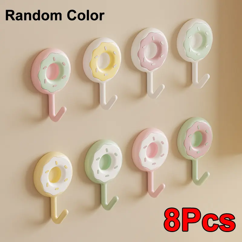 8 Pack Donut Design Wall Hooks, Punch-Free Traceless Adhesive Sticky Hooks, Strong Load-Bearing Plastic Hanging Hooks, Multi-Purpose Wall Hanger for Towel Bag Household Gadgets-random color