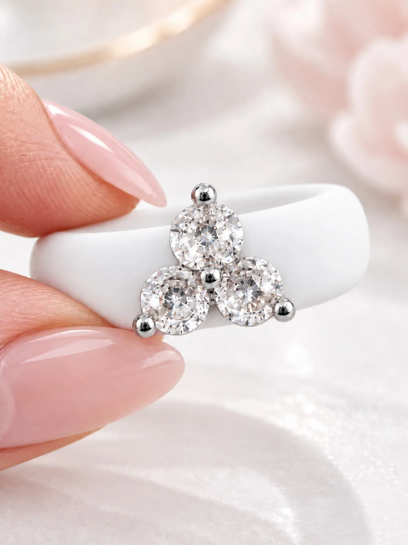 Women’s Triangle Three-Stone Diamond Ring, Silver-Colored Band, Sparkling Unique Design, Engagement/Proposal/Wedding Jewelry Gift