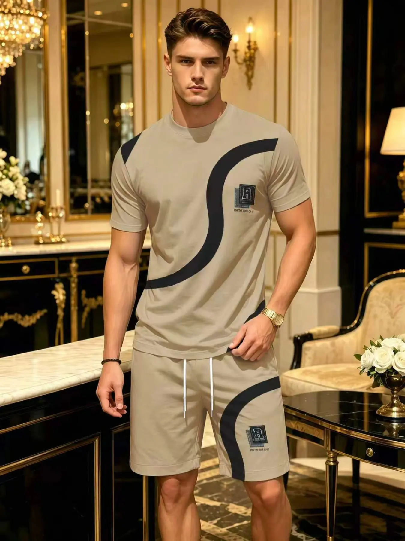 Men's S-Line R-Logo 3D Digital Print Set, Casual Short Sleeve T-Shirt & Shorts, Loose-Fit Polyester with Drawstring