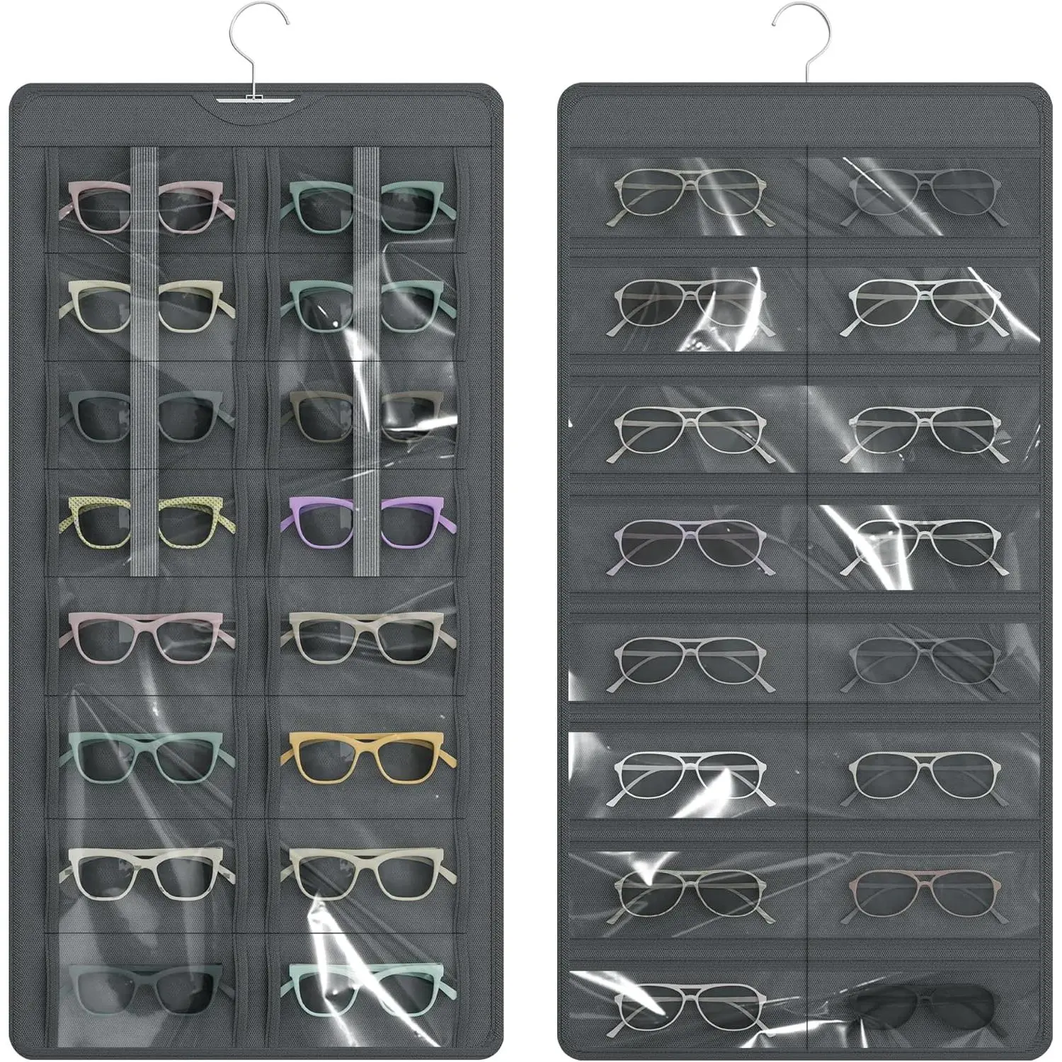 Hanging Sunglasses Organizer and Storage, Dual-Sided Sunglasses Case and Jewelry Holder, Wall-Mounted, 32 Clear Slots, Dust-Proof, Roof Design for Travel, Dark Gray